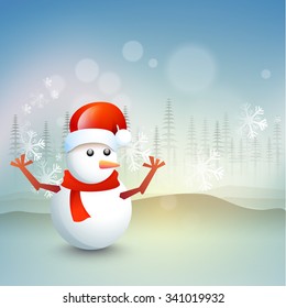 Cute snowman with Santa cap on snowflakes and fir trees decorated background for Merry Christmas celebration.