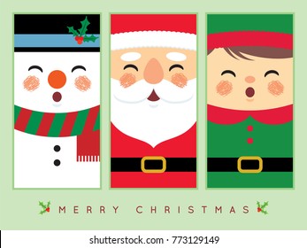 Cute Snowman, Santa Claus, And Christmas Elf In Flat Design. Vector Christmas Character. Christmas Greeting Template Design For Label, Tag, Bookmark, Card Or Print.