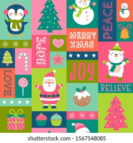 Cute snowman, santa claus, polar bear, penguin and decorative elements for christmas and new year background.