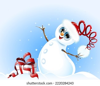 Cute snowman in Santa hat with Christmas gift box smiling and enjoying winter snowfall