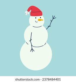 Cute snowman in santa hat greets. Holiday winter symbol Character. Vector illustration