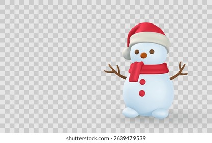 Cute Snowman in Santa Hat and Red Scarf on Transparent Background. Perfect for Christmas, Winter Holidays, and Festive Designs. Cheerful and Whimsical. Vector Illustration.