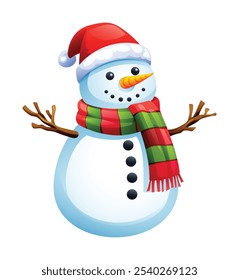 Cute snowman with Santa hat, scarf, and twig arms for Christmas season. Vector cartoon illustration