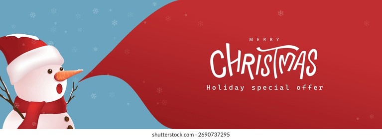 Cute snowman with Santa hat shouting Merry Christmas in a red speech bubble on holiday sale banner featuring hand drawn Christmas typography