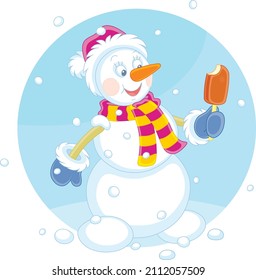 Cute snowman with a Santa hat, a warm scarf and mittens friendly smiling and holding a chocolate ice cream on a stick, vector cartoon illustration isolated on a white background