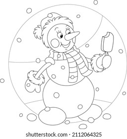 Cute snowman with a Santa hat, a warm scarf and mittens friendly smiling and holding a chocolate ice cream on a stick, black and white outline vector cartoon illustration for a coloring book