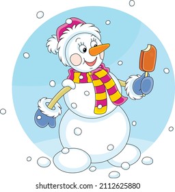 Cute snowman with a Santa hat, a warm scarf and mittens friendly smiling and holding a chocolate ice cream on a stick, vector cartoon illustration isolated on a white background