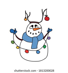 Cute snowman in a scarf with a garland.Vector children's design on a white isolated background, for banners and postcards, sticker