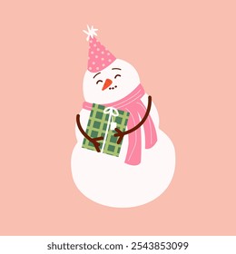 Cute snowman in in a scarf with a gift. Holiday cartoon and character in scarf and hat flat style on pink background. Print, wrapping paper, wallpaper. Merry Christmas and happy new year