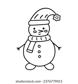 Cute snowman in scarf and hat on his head. Winter holiday icon. Black and white vector isolated illustration hand drawn doodle clip art