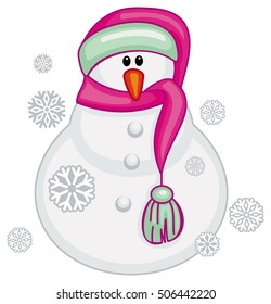 Cute snowman with scarf, hat and snowflakes. Vector clip art.