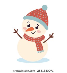 Cute snowman with scarf and mittens. Vector illustration.