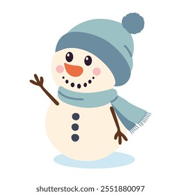 Cute snowman with scarf and mittens. Vector illustration.