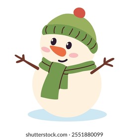 Cute snowman with scarf and mittens. Vector illustration.