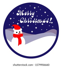 cute snowman in scarf and santa hat on snowy hills. text "merry christmas!" and starry night sky