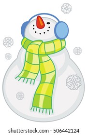 Cute snowman with scarf  and snowflakes. Vector clip art.