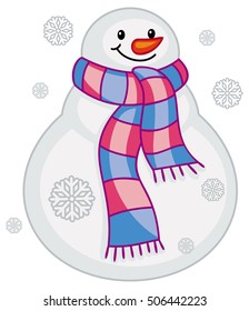 Cute snowman with scarf and snowflakes. Vector clip art.