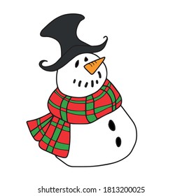 Cute snowman in a scarf .Vector children's design on a white isolated background, for banners and postcards, sticker