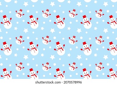 Cute snowman seamless illustration with light blue background