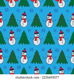 Cute snowman seamless pattern. Cute cartoon character. Snowman, yolka and falling snow. Blue background. Vector illustration.