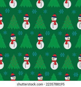 Cute snowman seamless pattern. Cute cartoon character. Snowman, yolka and falling snow. Green background. Vector illustration.