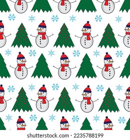 Cute snowman seamless pattern. Cute cartoon character. Snowman, yolka and falling snow.White background. Vector illustration.