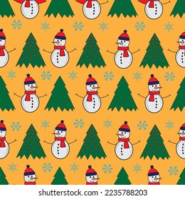 Cute snowman seamless pattern. Cute cartoon character. Snowman, yolka and falling snow.Yellow background. Vector illustration.