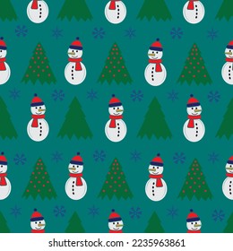 Cute snowman seamless pattern. Cute cartoon character. Snowman, yolka and falling snow. Green background. Vector illustration.