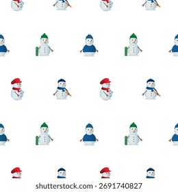 Boneco de neve bonito padrão sem costura, design de inverno de Natal em fundo branco
