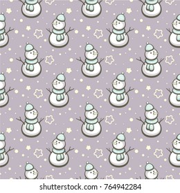 Cute snowman seamless pattern. Holiday decoration template with cartoon character. Fabric and wrapping paper design.