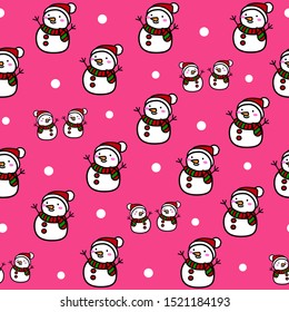 Cute snowman seamless pattern on pink background.