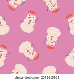 Cute snowman seamless pattern on pink background. Christmas and New Year concept. Hand drawn retro vintage vector texture for wallpaper, prints, wrapping, textile