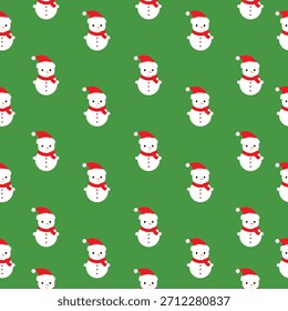 Boneco de neve bonito padrão sem costura em um fundo verde festivo. Perfeito para papel de embrulho de Natal, têxteis de férias, embalagem de presente, decorações de inverno e desenhos digitais festivos. Alegre, brincalhão,