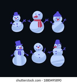 Cute snowman set. Hand drawn winter set. Trends color illustration in modern flat style with dry brush texture. Vector isolated elements.