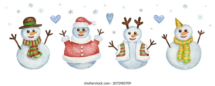Cute Snowman set isolated on white background, hand drawn in watercolor