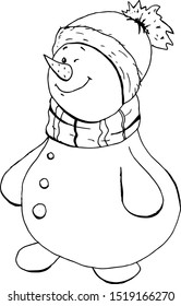Cute snowman silhouette for coloring book for kids cartoon hand drawn vector illustration. Can be used for t-shirt print, kids wear fashion design, baby shower invitation card