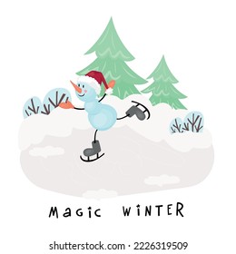Un muñeco de nieve lindo patinando. Carácter gracioso. Animación, deportes y actividades recreativas en invierno. Letters - invierno mágico