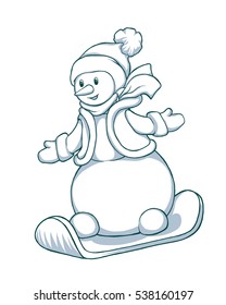 cute snowman with skiing equipment, vector illustration