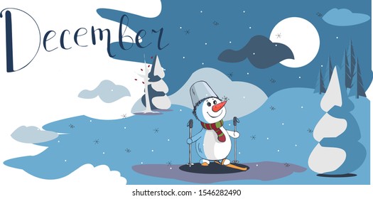 Cute snowman skiing in the forest under the moon in winter, lettering, flat cartoon hand drawn vector illustration. Can be used for t-shirt print, kids wear fashion design, baby shower invitation card