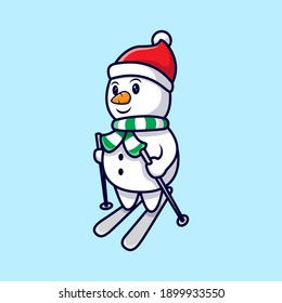 Cute Snowman Skiing Mascot Cartoon Vector Illustration. 