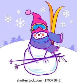 cute snowman with skis