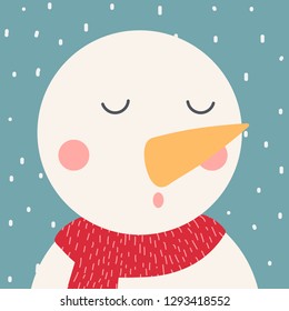 Cute snowman sleeping with scarf in winter concept,Vector illustration. 