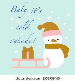Cute snowman, sleight and gift bag, vector illustration, perfect to use on the web or in print