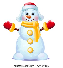 Cute snowman smiles isolated on a white background. Sketch of Christmas festive poster, party invitation, other holiday card. Vector cartoon close-up illustration.