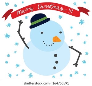 Cute Snowman Smiling with Merry Christmas Banner