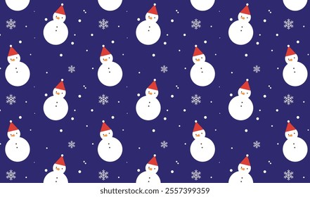 Cute snowman with snow flakes 
pattern on dark blue background. Pattern for Christmas festival, wrapping paper, winter season, backdrop, wallpaper, textile, banner, greeting card. Flat vector style.