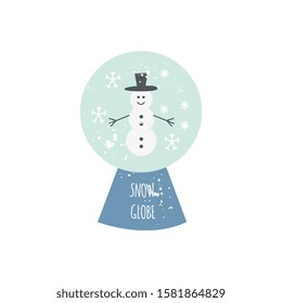 Cute snowman snow globe isolated on white background - Christmas holiday decoration with cute cartoon character in top hat. Flat festive isolated vector illustration