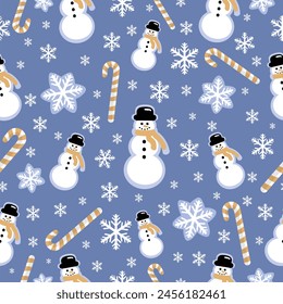Cute Snowman, snowflakes and Candy Canes seamless pattern Winter and Christmas Texture. Christmas and new year gift wrapping paper design, wallpaper, Textile prints design, card or banner template