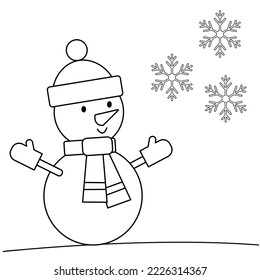 Cute snowman and snowflakes. Coloring page.