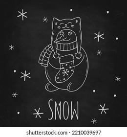 Cute snowman with snowflakes on a black chalk board. Vector illustration in doodle style. Winter mood. Hello 2023. Merry Christmas and Happy New Year. 